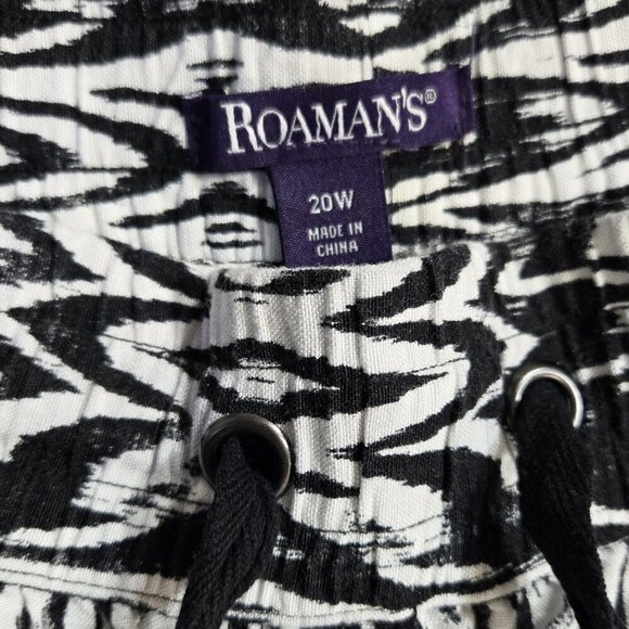 Roamans Linen Blend White Black Abstract Boho Pull On Wide Leg Cropped Pants - Picture 8 of 10